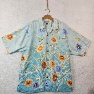 Tommy Bahama Relax Men Large Silk Floral Camp Shirt 90s Y2K Teal Orange Tropical
